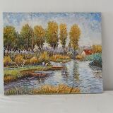 Old bucolic painting – Fishermen and poplars by the water
