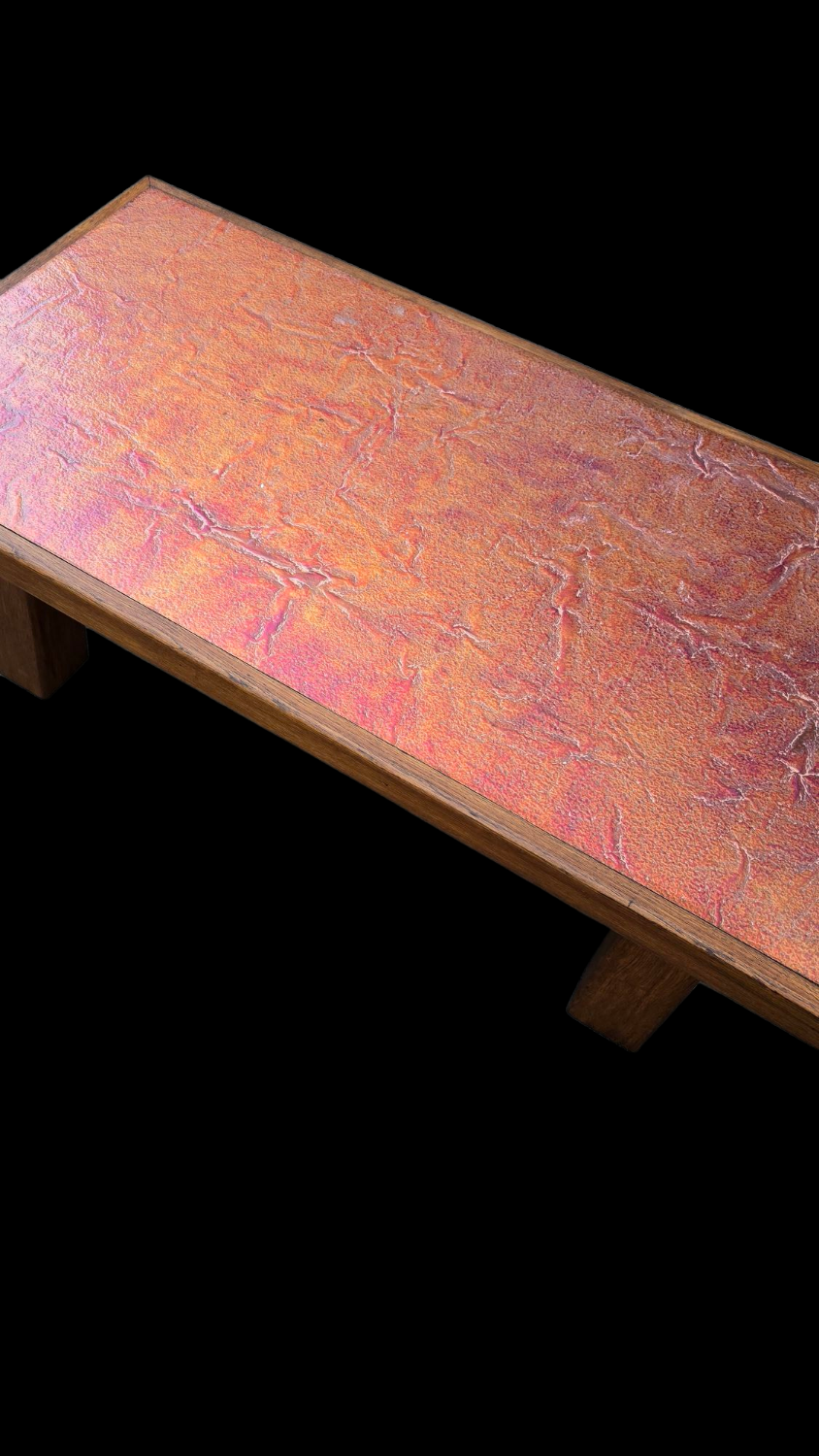 Table basse brutaliste bois et cuivre unique artisanale contemporaine