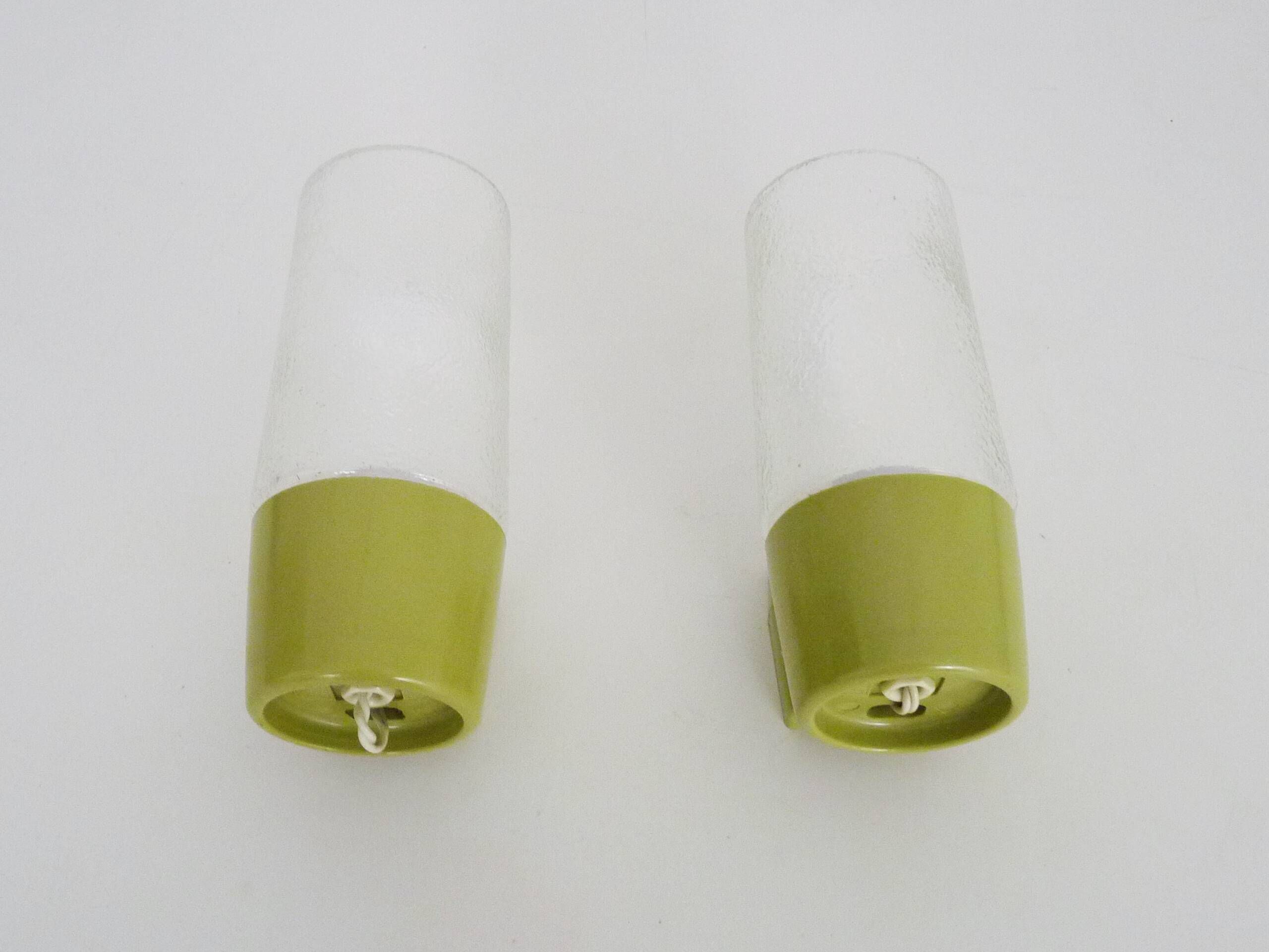 Pair of vintage pop wall lights in pastel green PVC and glass globe. 70s
