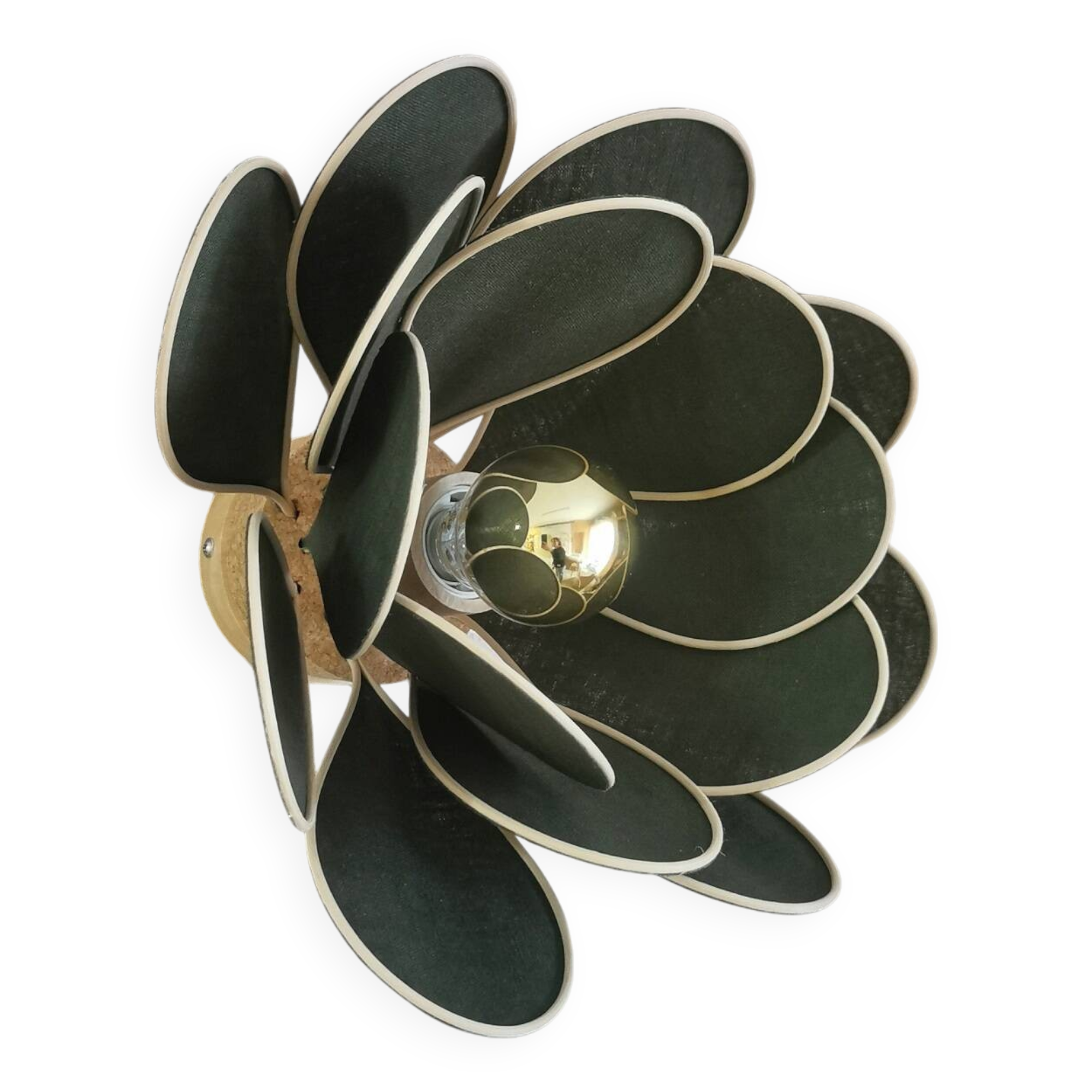 Wall lamp flower made of rattan and fir green linen.