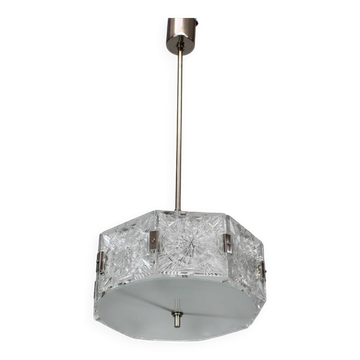 1970s Czechoslovak Kamenický Šenov Cut Glass and Chrome Pendant Light