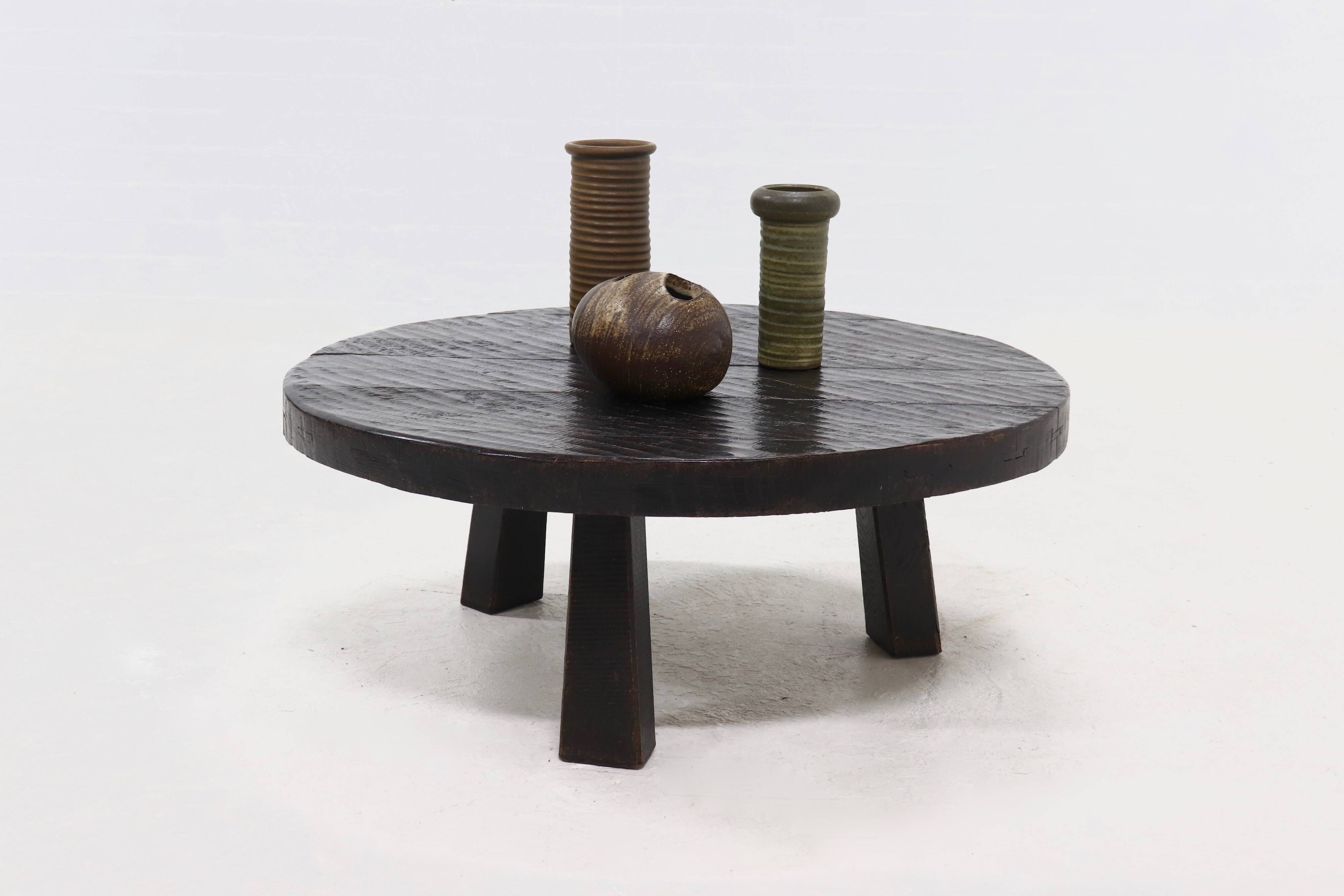 Brutalist Solid Stained Oak Round Tripod Coffee Table 1970s