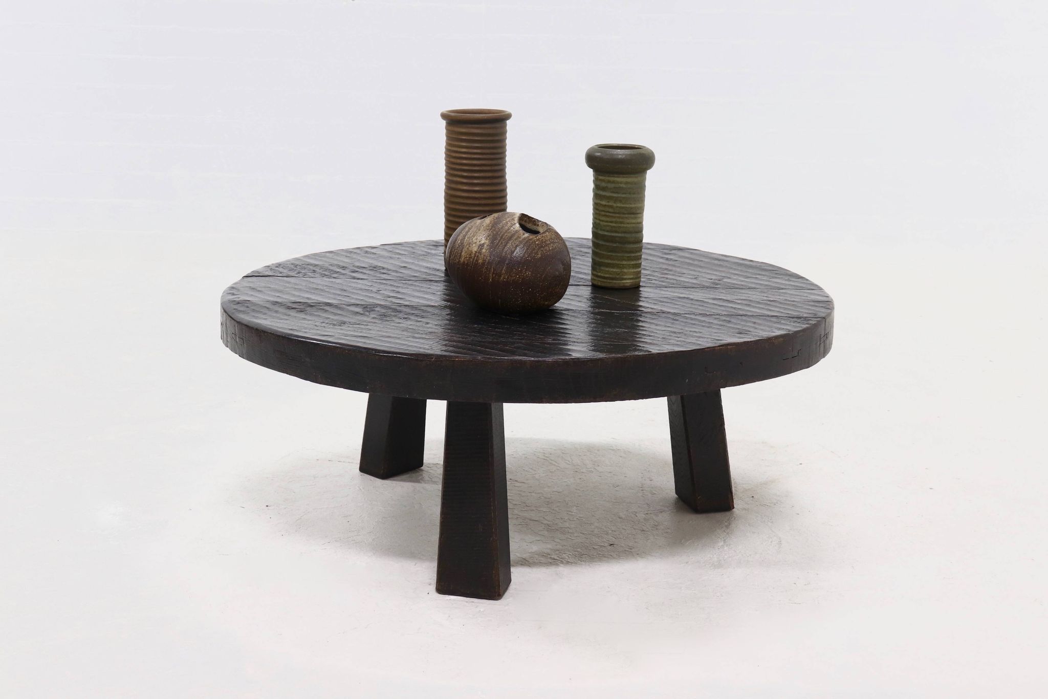 Brutalist Solid Stained Oak Round Tripod Coffee Table 1970s