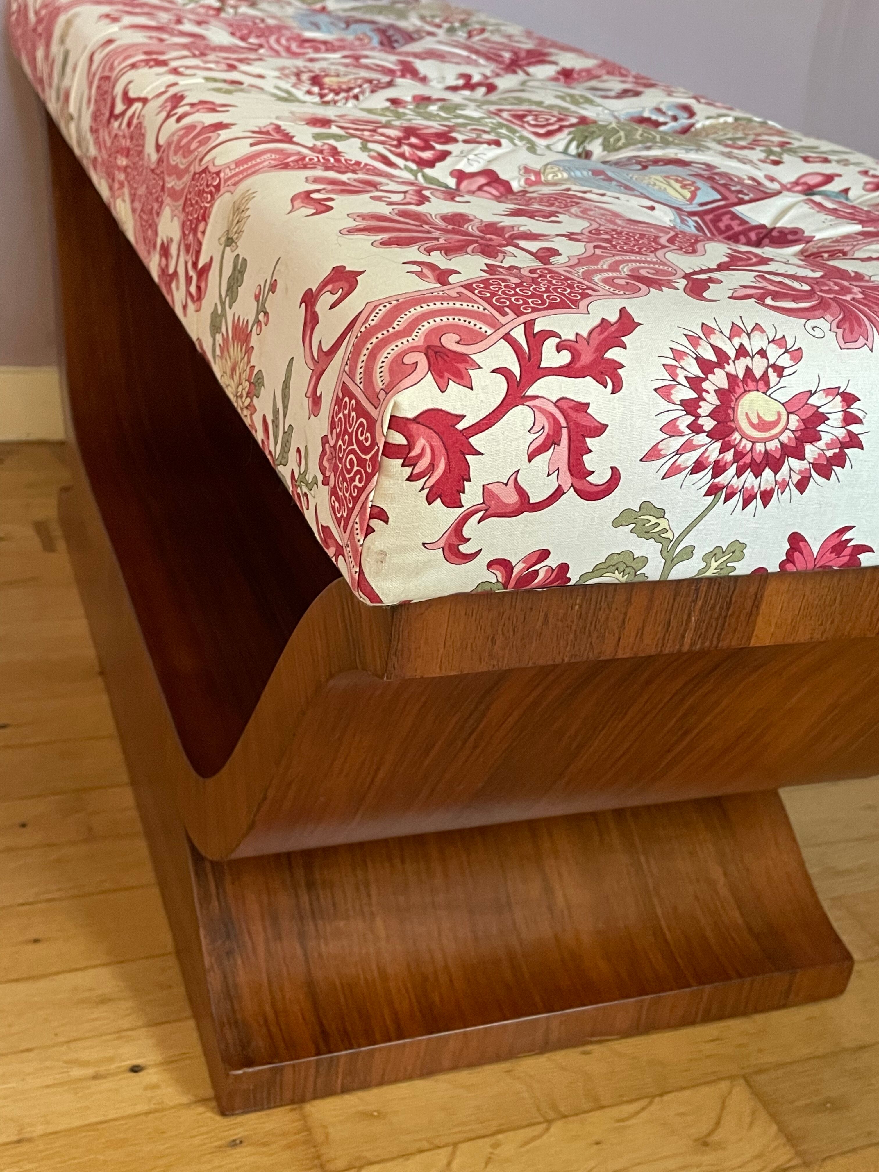 Art-deco walnut bench with floral fabric