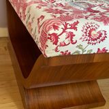 Art-deco walnut bench with floral fabric
