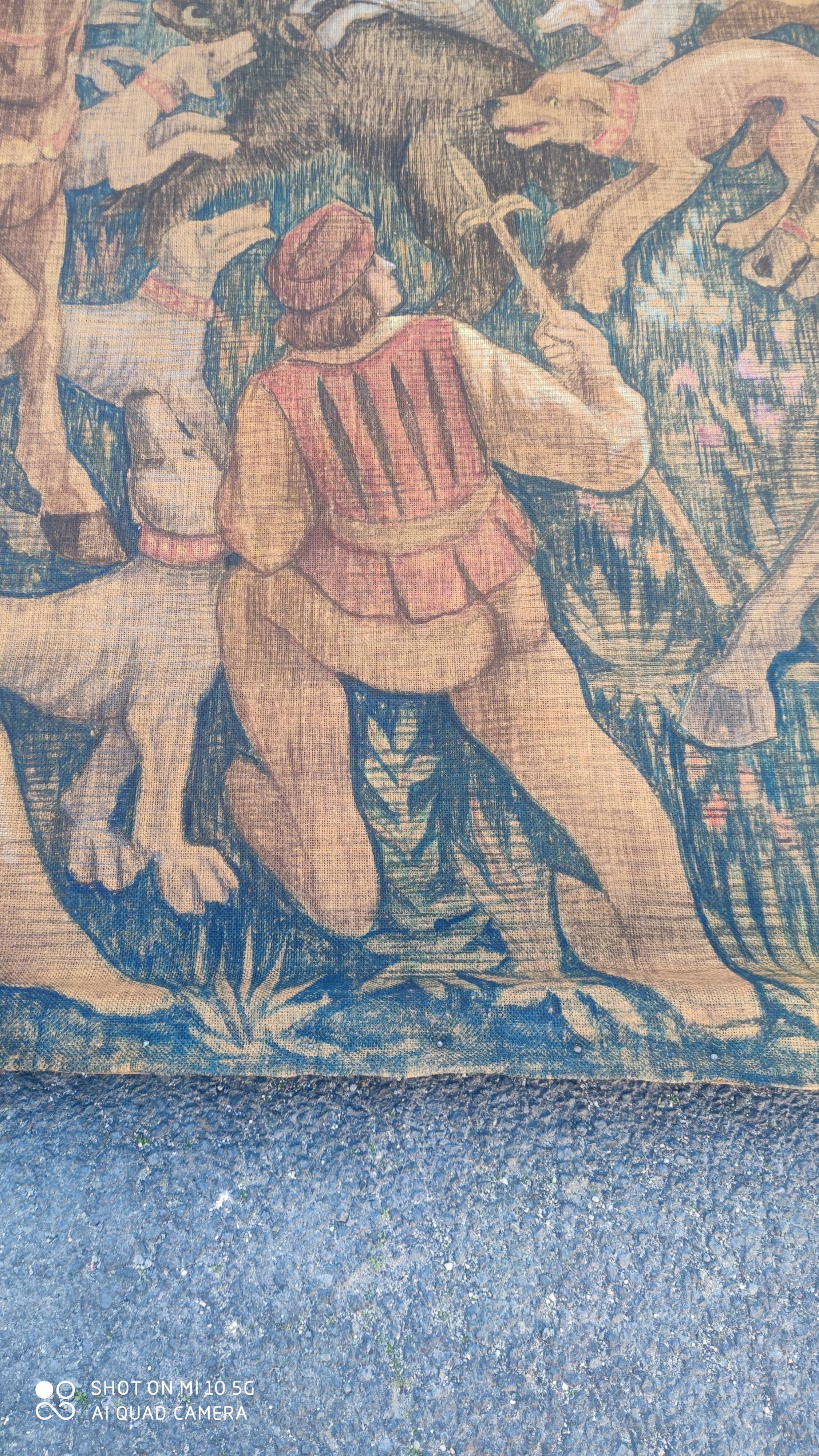 Painted burlap canvas depicting a medieval hunting scene circa 1950 by André Pierre BOURBIOUX, known as "Boul"