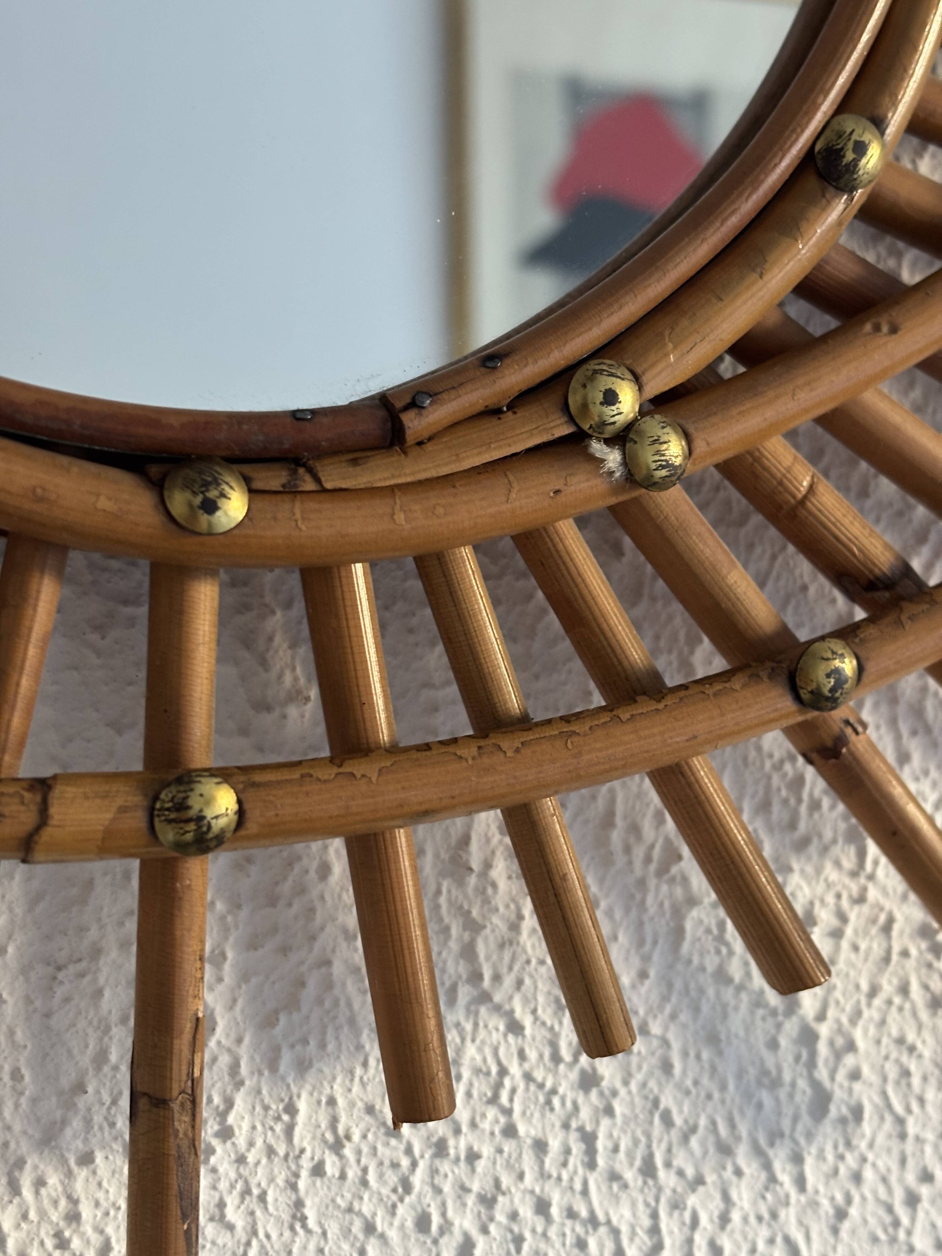 Vintage 1960s sun mirror, rattan, ORTF style, spiral eye - 66 x 50 cm
