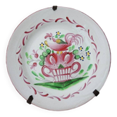 Antique Hand Painted Earthenware Flat Plate - Rooster on Basket of Flowers