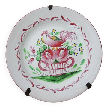 Antique Hand Painted Earthenware Flat Plate - Rooster on Basket of Flowers