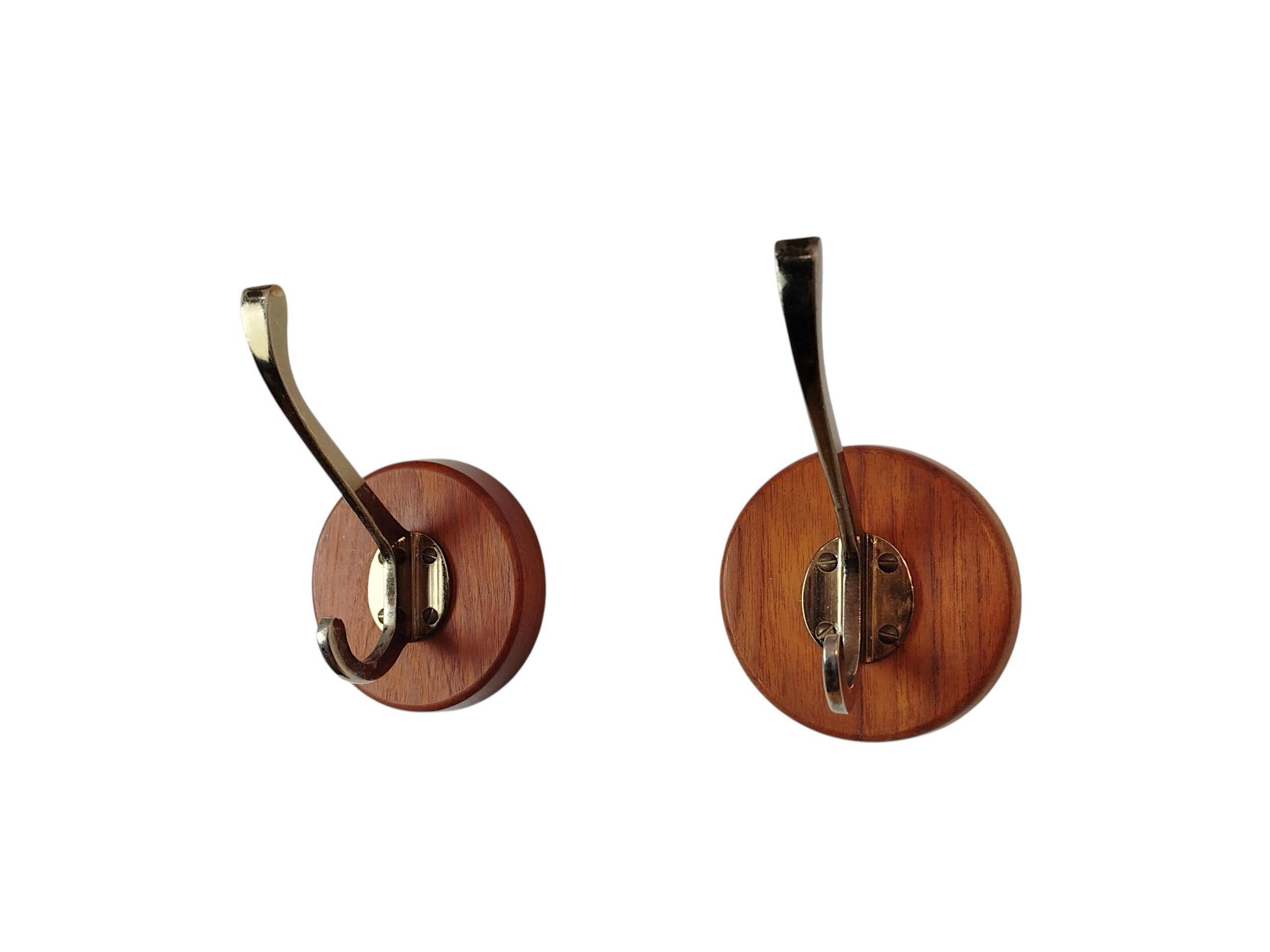 Set of 4 teak and brass coat hooks, Denmark 1960s