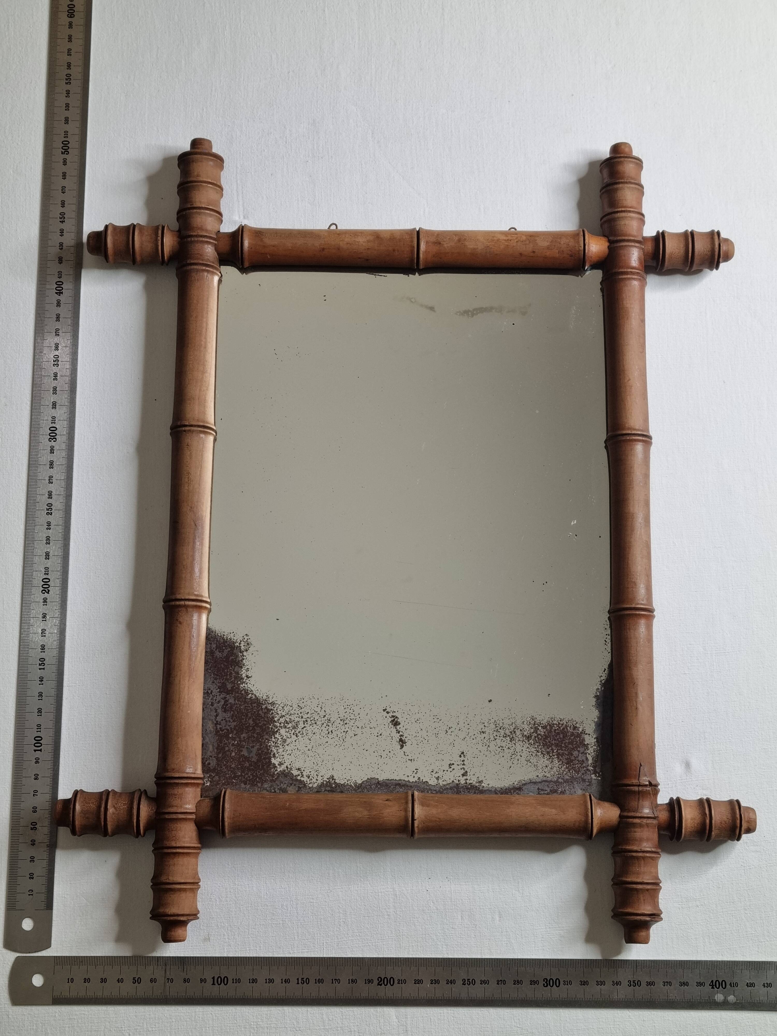 Antique bamboo style mirror, altered wood, turned, late 19th century, 50x42 cm
