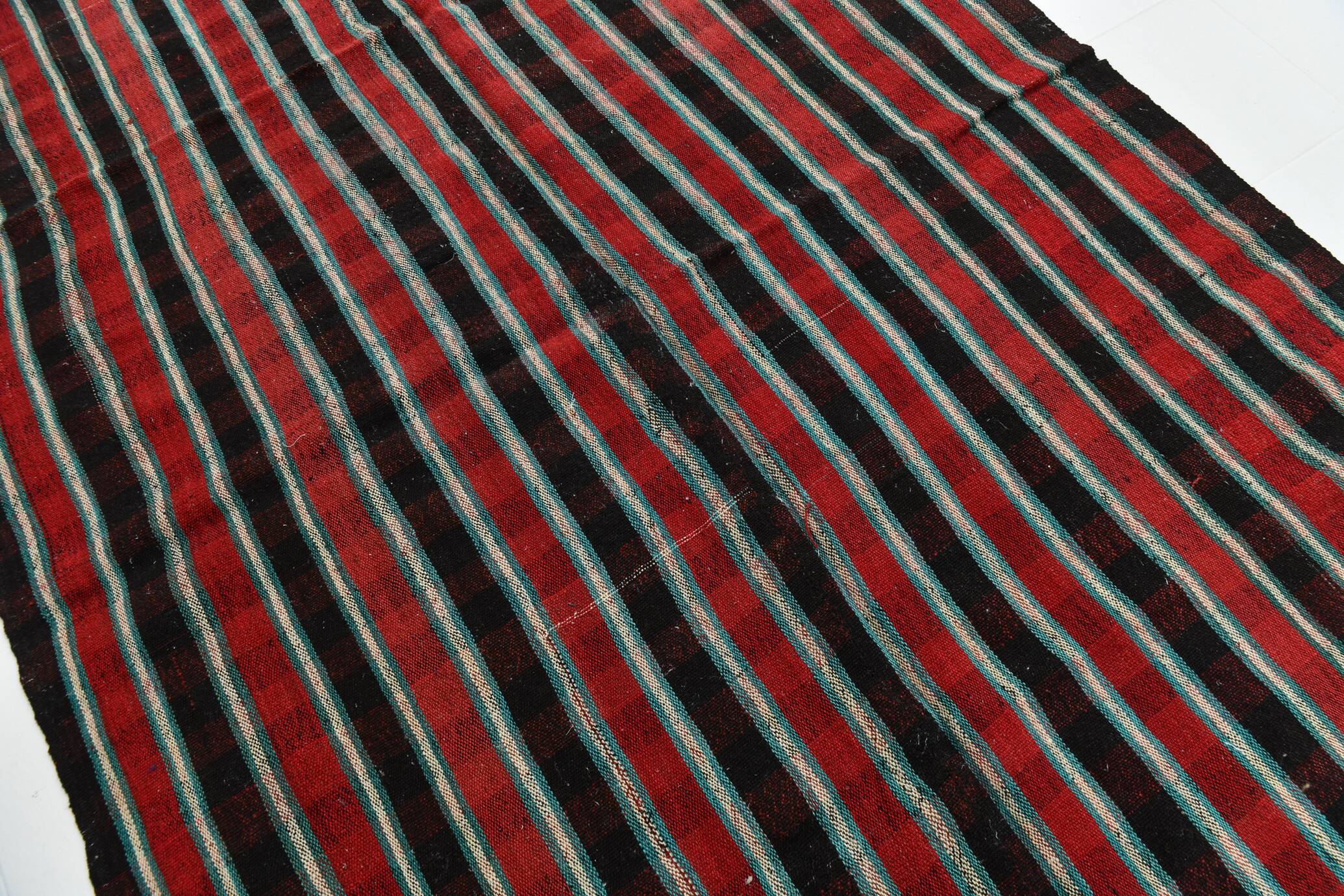 Red & Teal Green Striped Vintage Kilim Rug, 202x321Cm