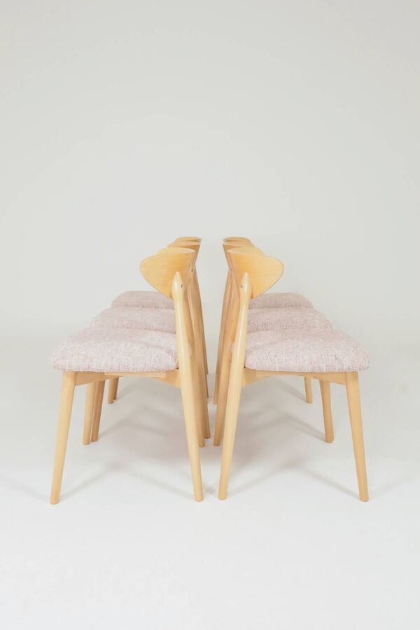 Ensemble de 6 chaises de salle à manger en tissu rose doux, design scandinave, bois naturel