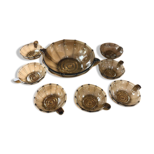 Service à dessert Art Déco en verre, 1 coupe et 7 coupelles