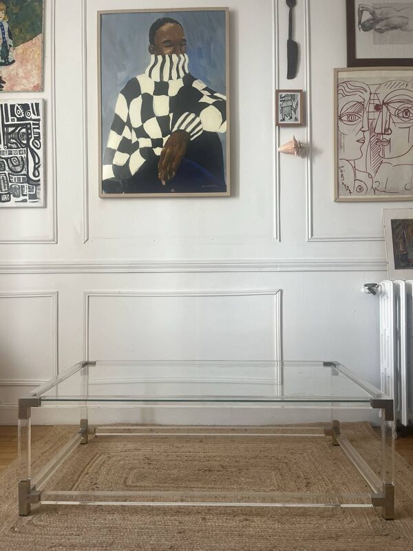 Table basse en verre, plexiglas et laiton Charles Hollis Jones
