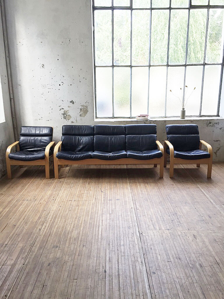 Danish sofa and armchairs curved wood and leather