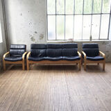 Danish sofa and armchairs curved wood and leather