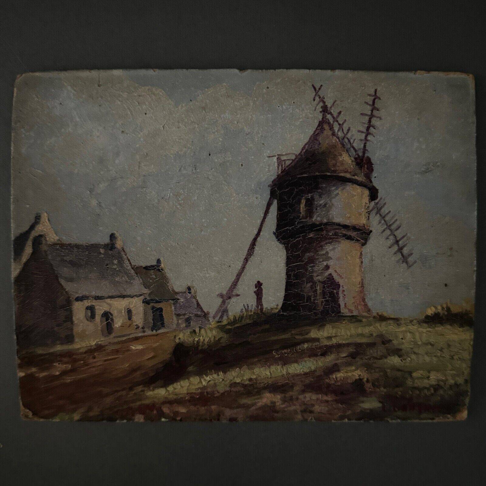 Huile sur carton représentant un moulin XXe par L. Ganthier