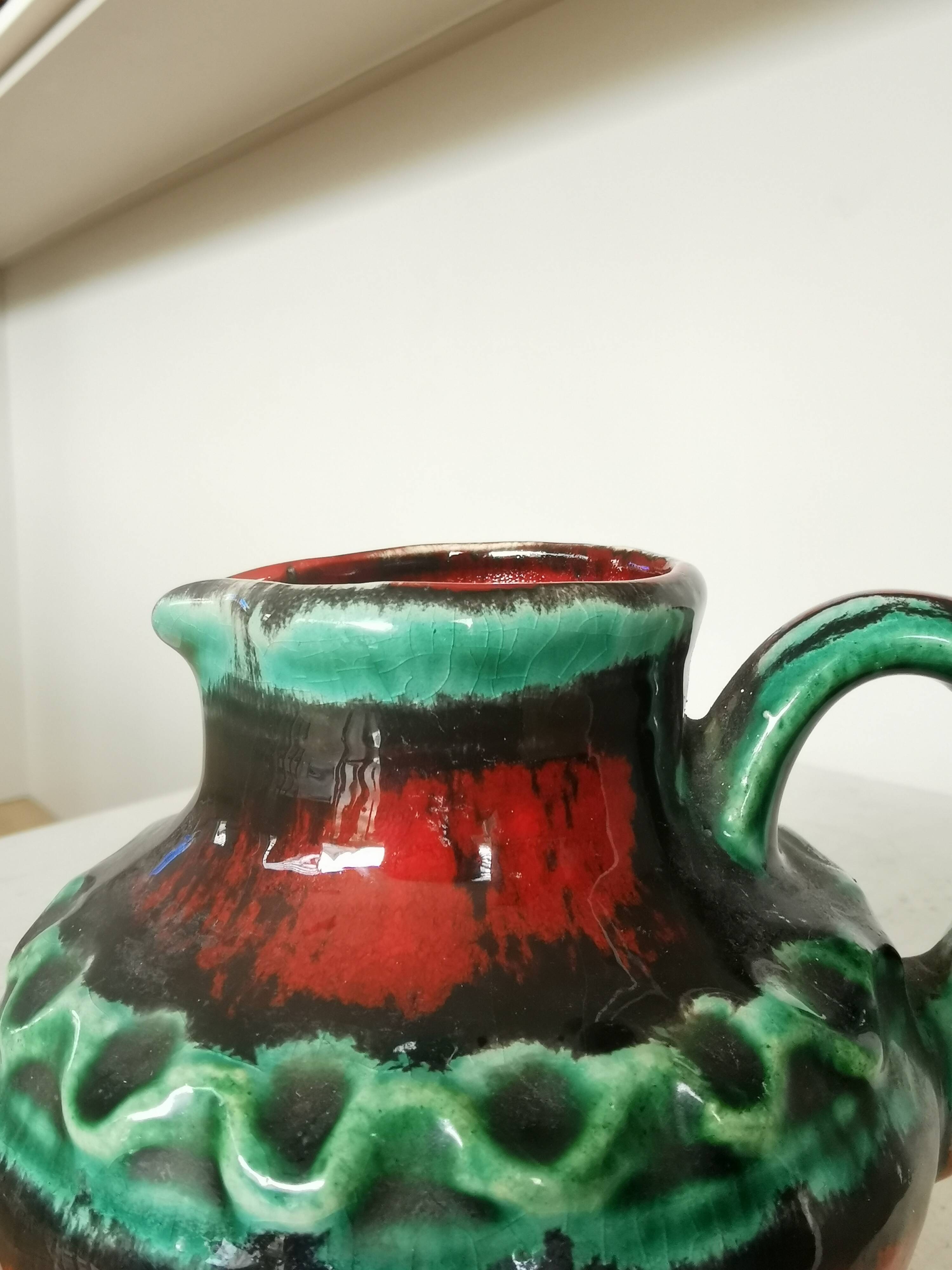 Fat Lava Pitcher Vase: Red Black Green Glaze, West German Pottery