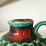 Fat Lava Pitcher Vase: Red Black Green Glaze, West German Pottery