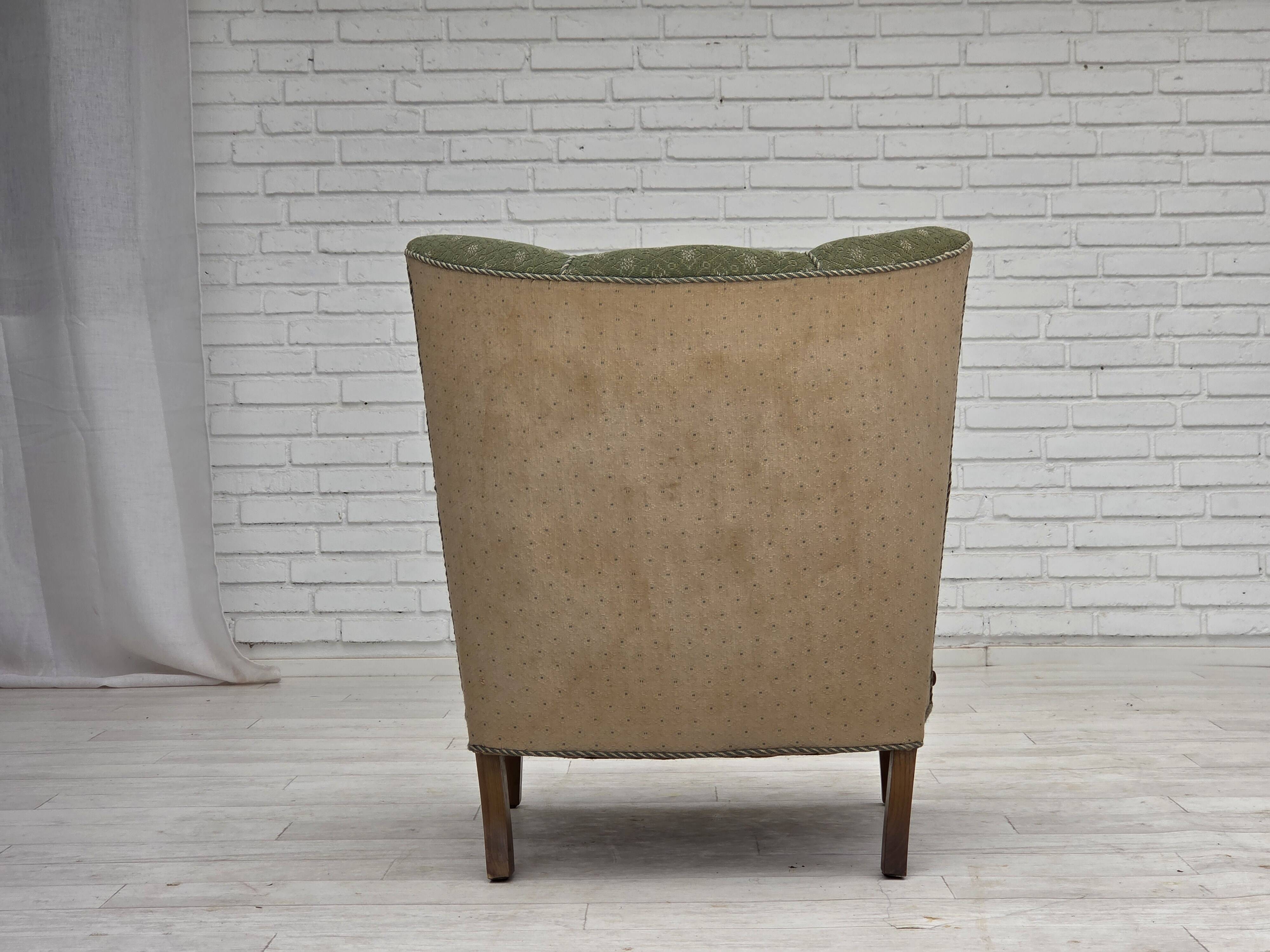 1950s, Danish armchair, original green/beige furniture wool, oak wood.