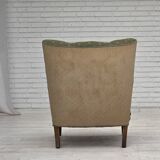 Fauteuil danois des années 1950, mobilier d'origine vert/beige en laine, bois de chêne.