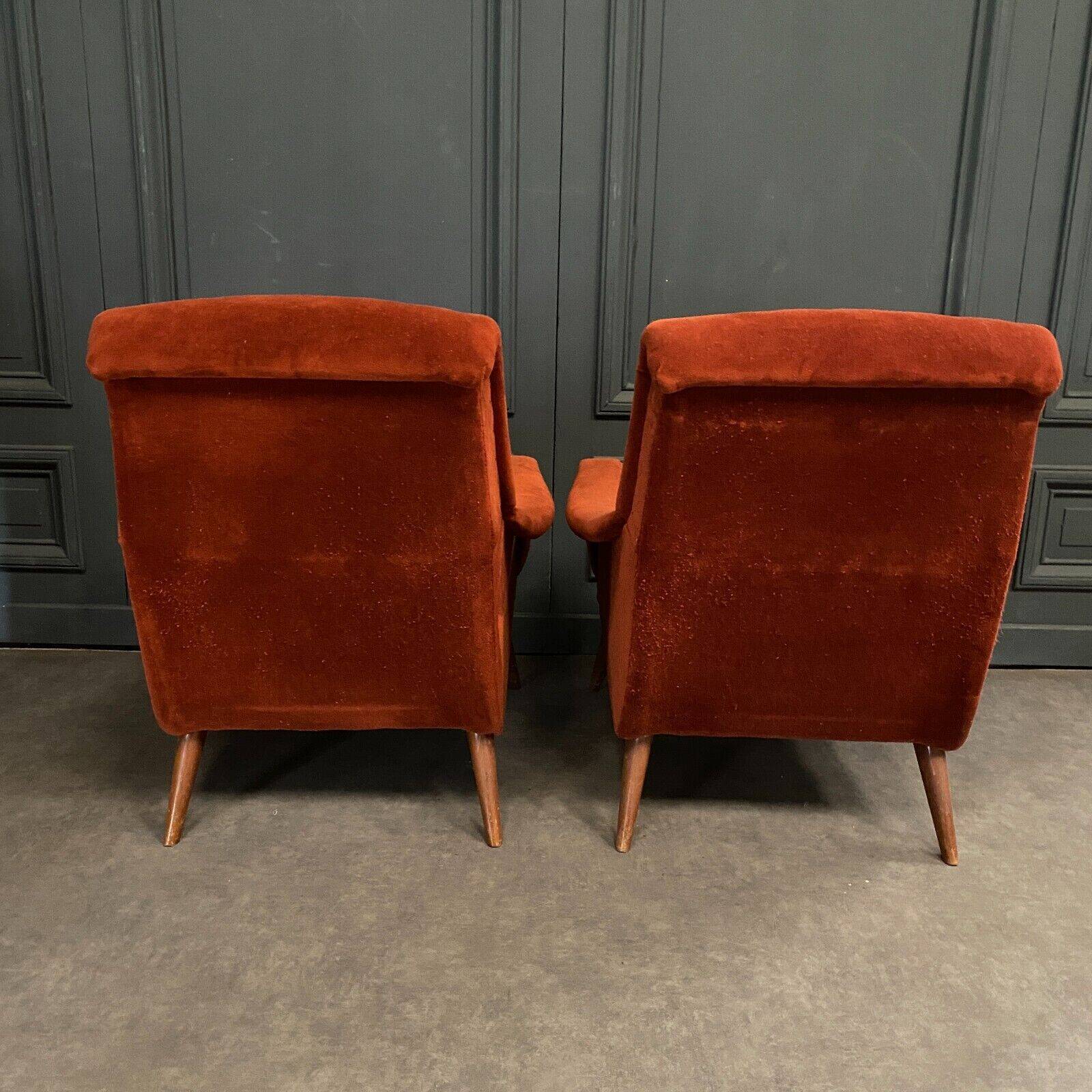 Pair of Scandinavian work armchairs from the 60s in velvet and compass legs