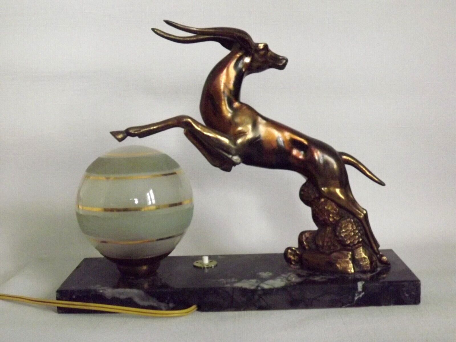 Vintage french art deco gazelle lamp black marble base round glass shade 3956