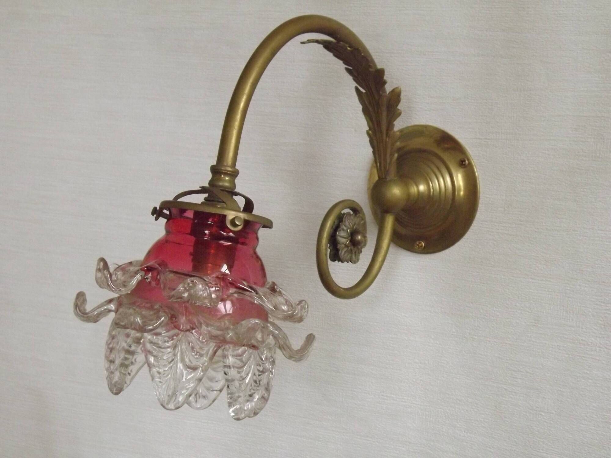 French Brass Single Wall Light with Pink & Clear Floral Glass Shade