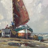 Oil painting “Segelschiff auf Sand“, frame gold von Harry Haerendel signed