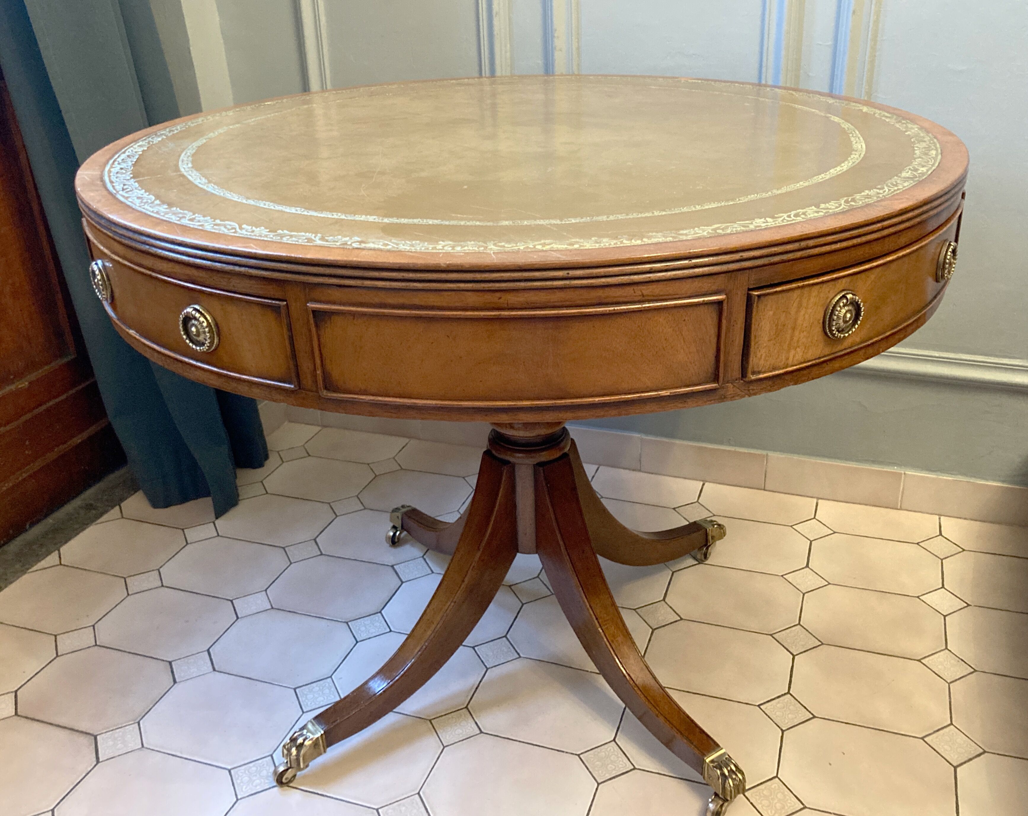 Old drum table 1900 cherry leather and brass