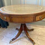 Table tambour 1900  merisier cuir et laiton