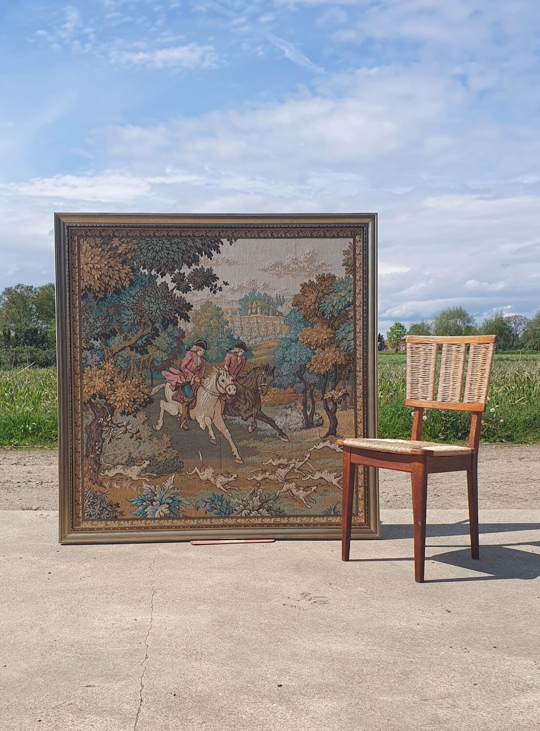 135x 137 cm Vintage framed wall tapestry gobelin horses