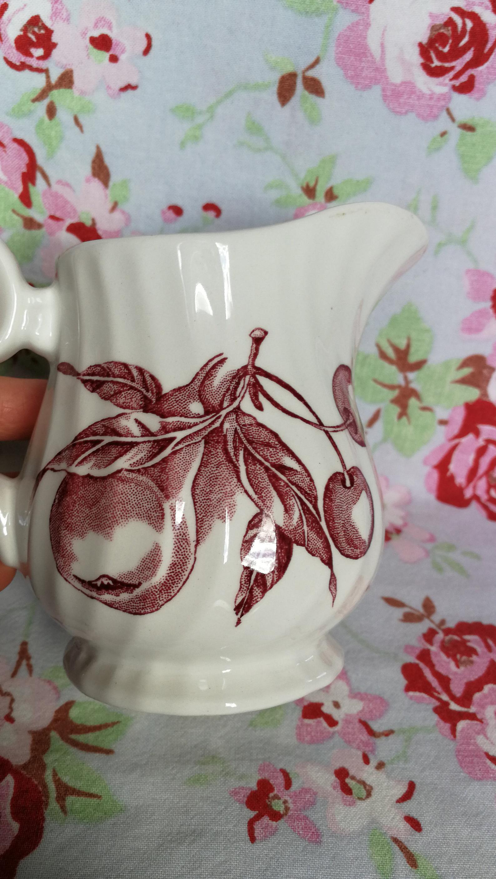 Milk Pitcher Wood & Sounds England, red pear cherry fruit patterns, made in England
