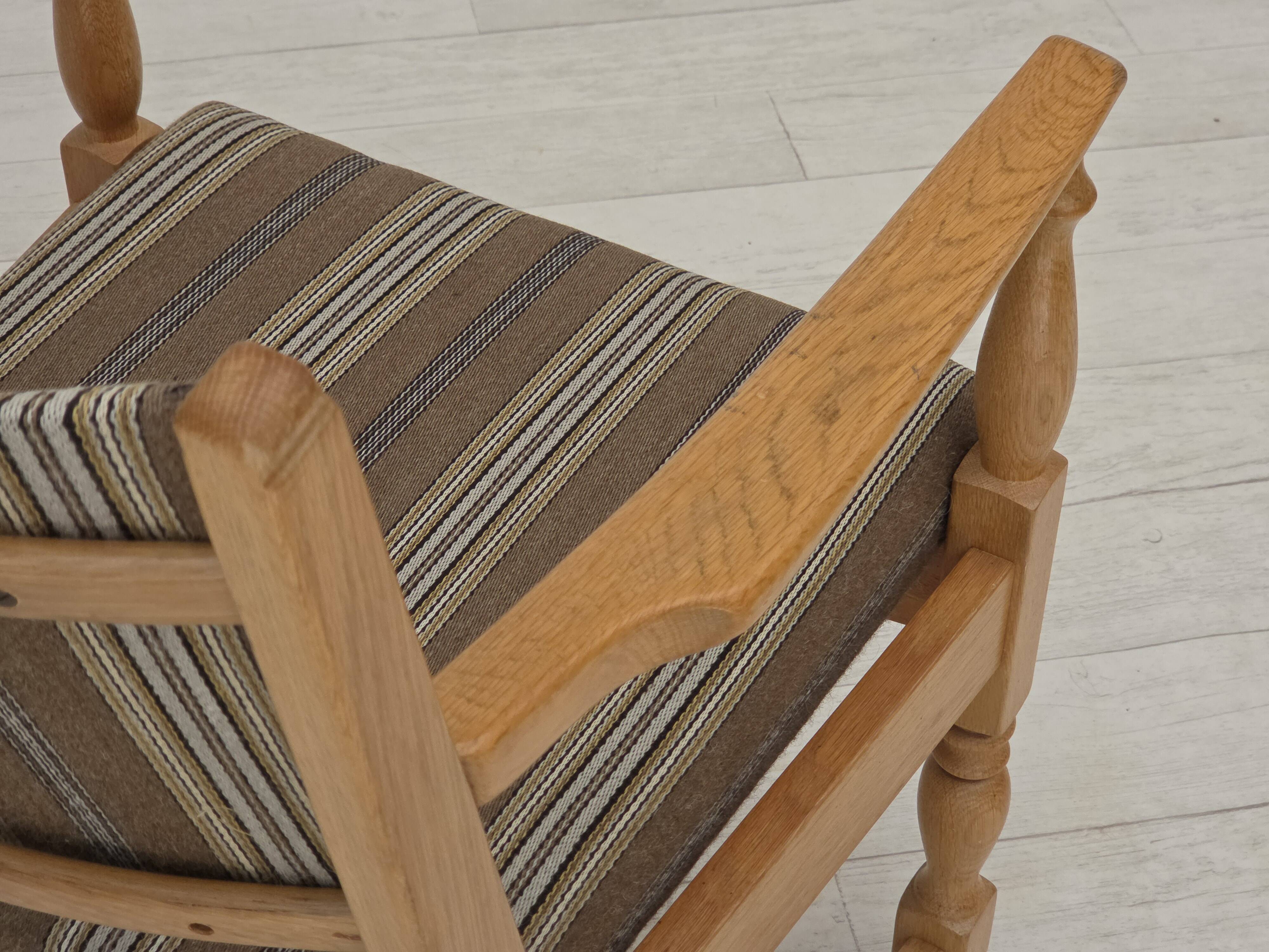 1970s, pair of Scandinavian armchairs, furniture wool, solid oak wood.