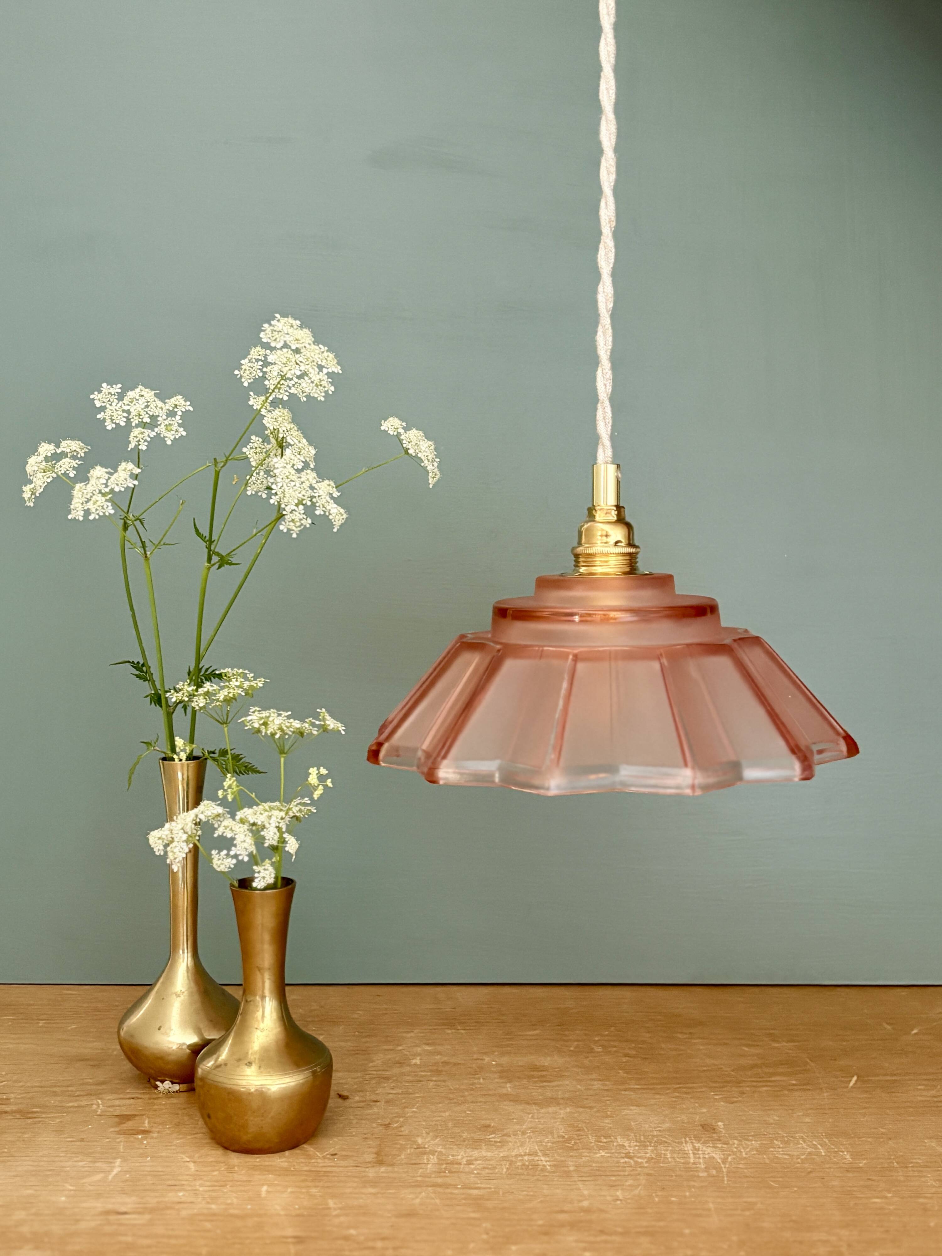 suspension vintage art deco lampshade in frosted pink glass