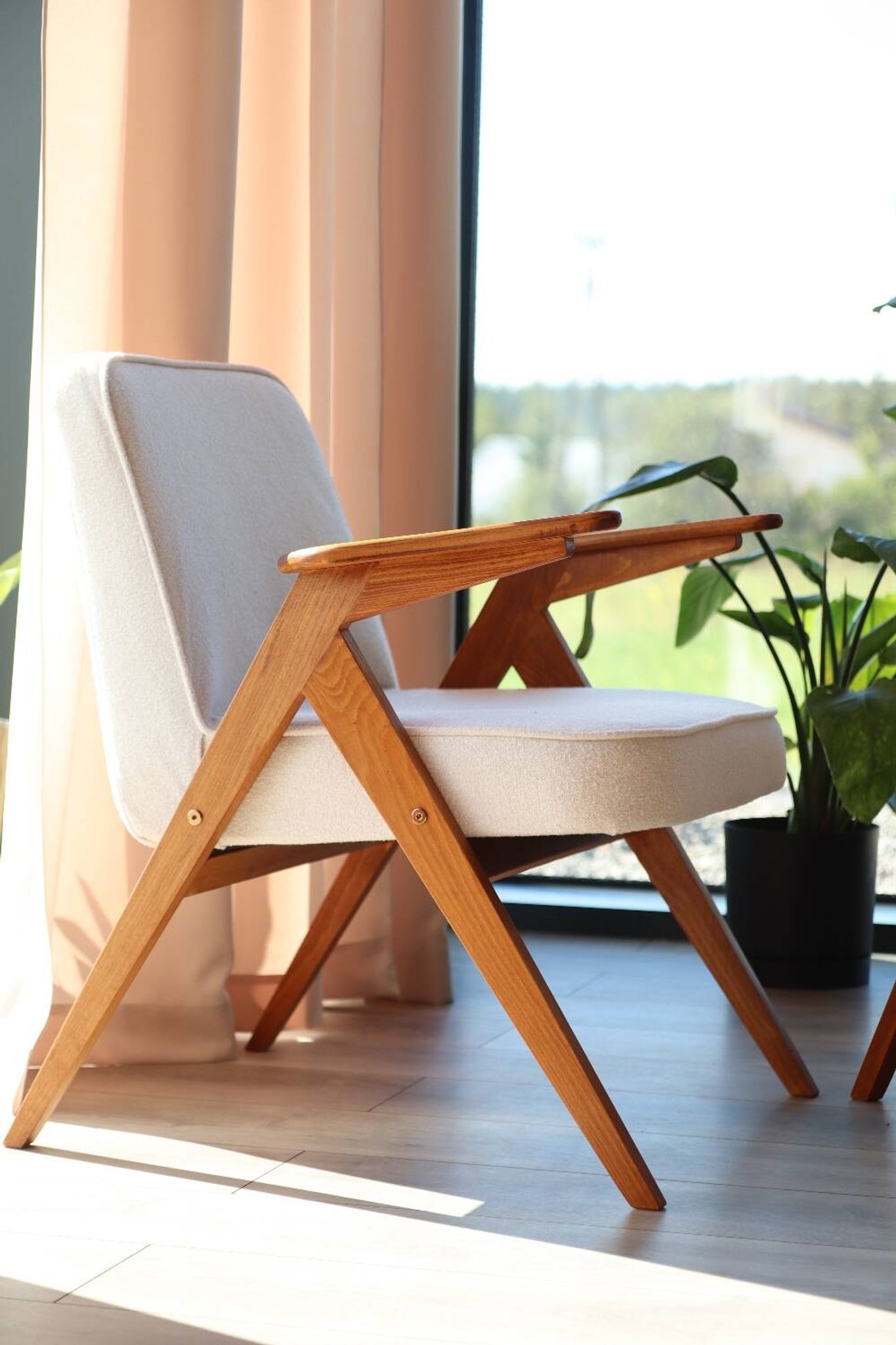 Vintage white armchairs natural wood buckle Scandinavian furniture