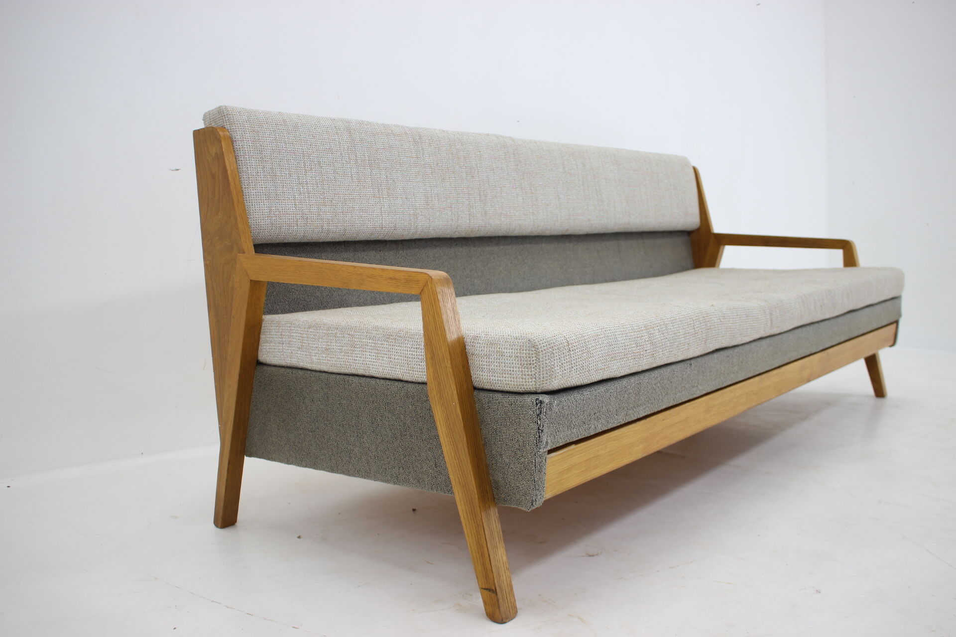 1970s oak 3-seater sofa/bed, czechoslovakia