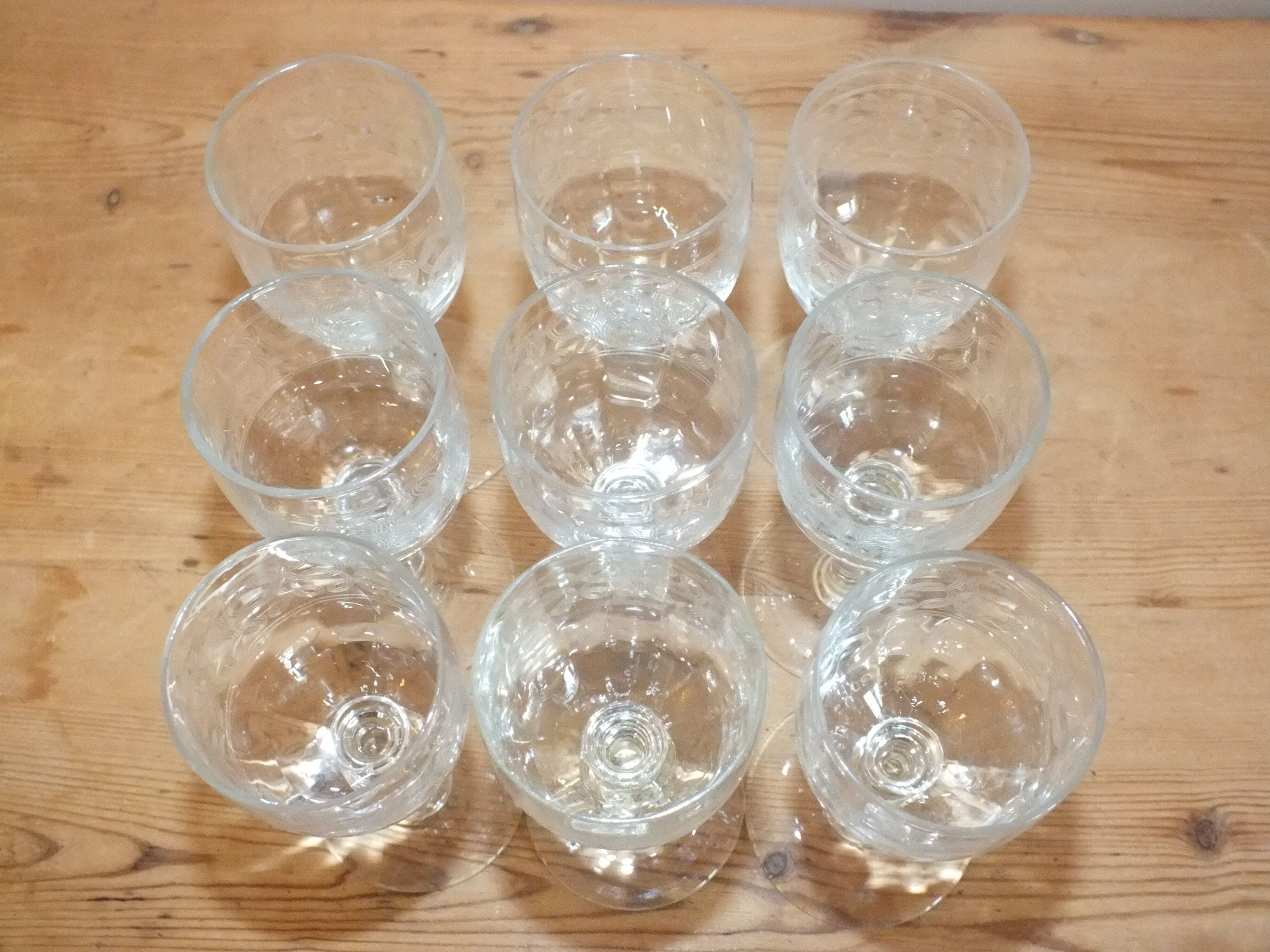 9 antique glasses in port or alcohol decorated with arabesques
