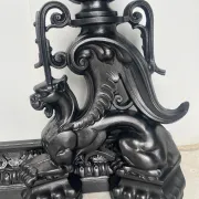19th-century cast iron fireplace set, bar, andirons & plaque with griffins