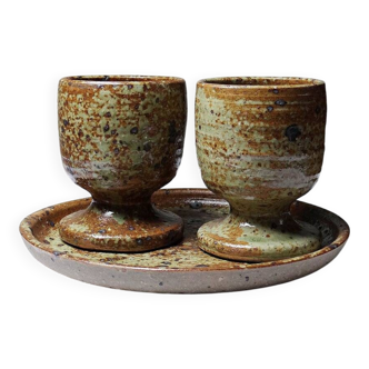 Coffee set for 2 cups with a vintage tray in pyrite stoneware, Baudat La Borne style.