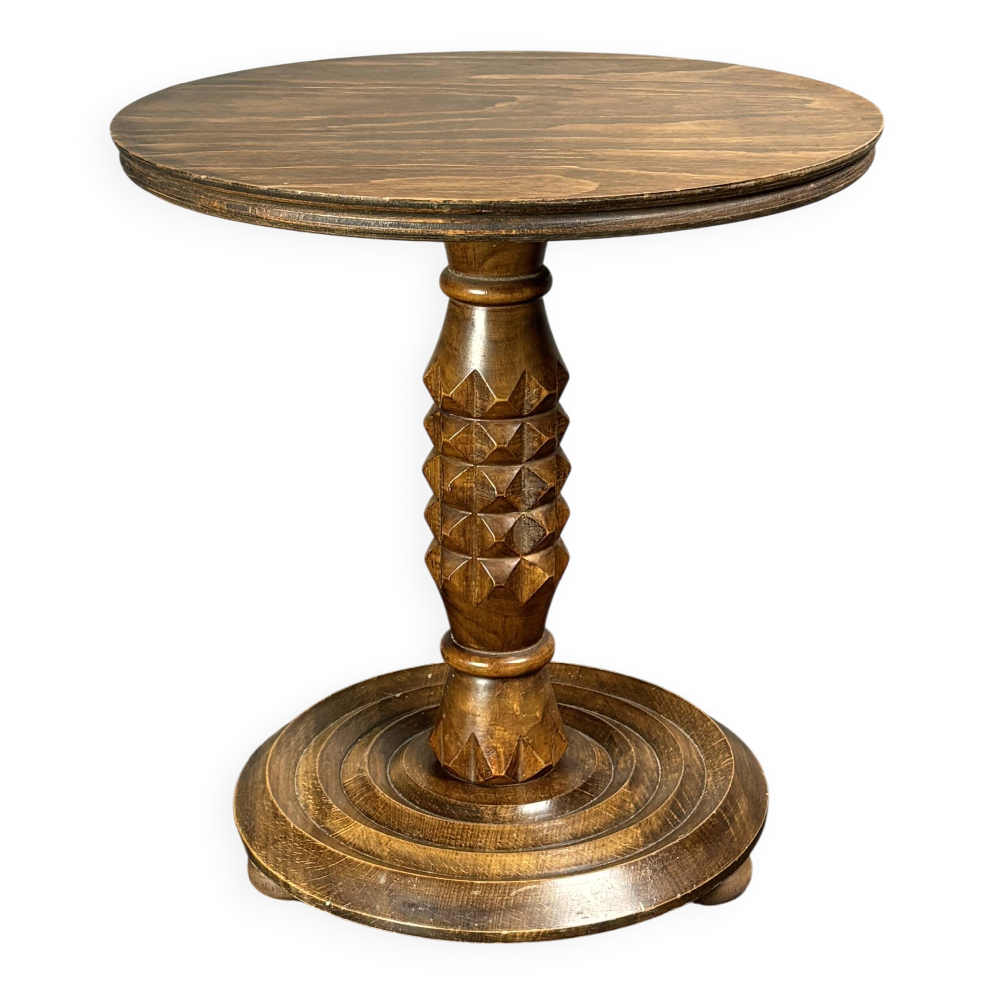 Low wood turned midcentury brutalist side table, Charles Dudouyt style