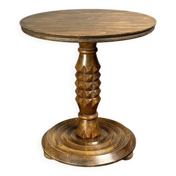 Low wood turned midcentury brutalist side table, Charles Dudouyt style