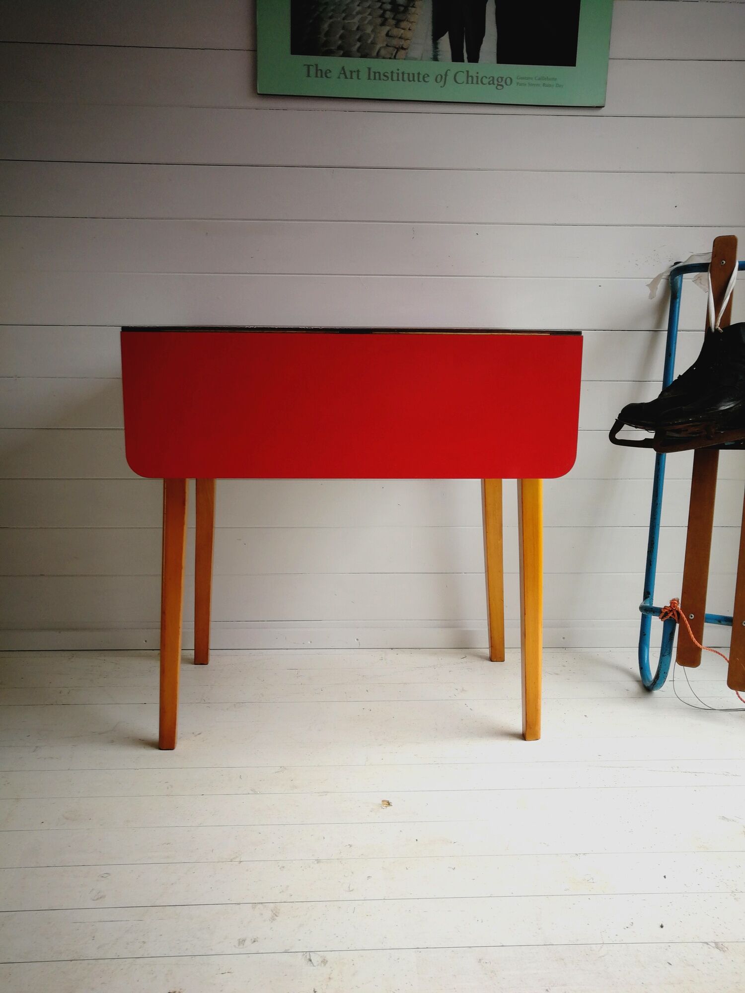 Original 1960’S Red Formica Drop Leaf Dining Table With Wooden Legs, Vintage, Retro, Mid Century, Ki