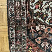 Antique handmade Hamadan Persian rug, ivory medallion on dark background 148x103.
