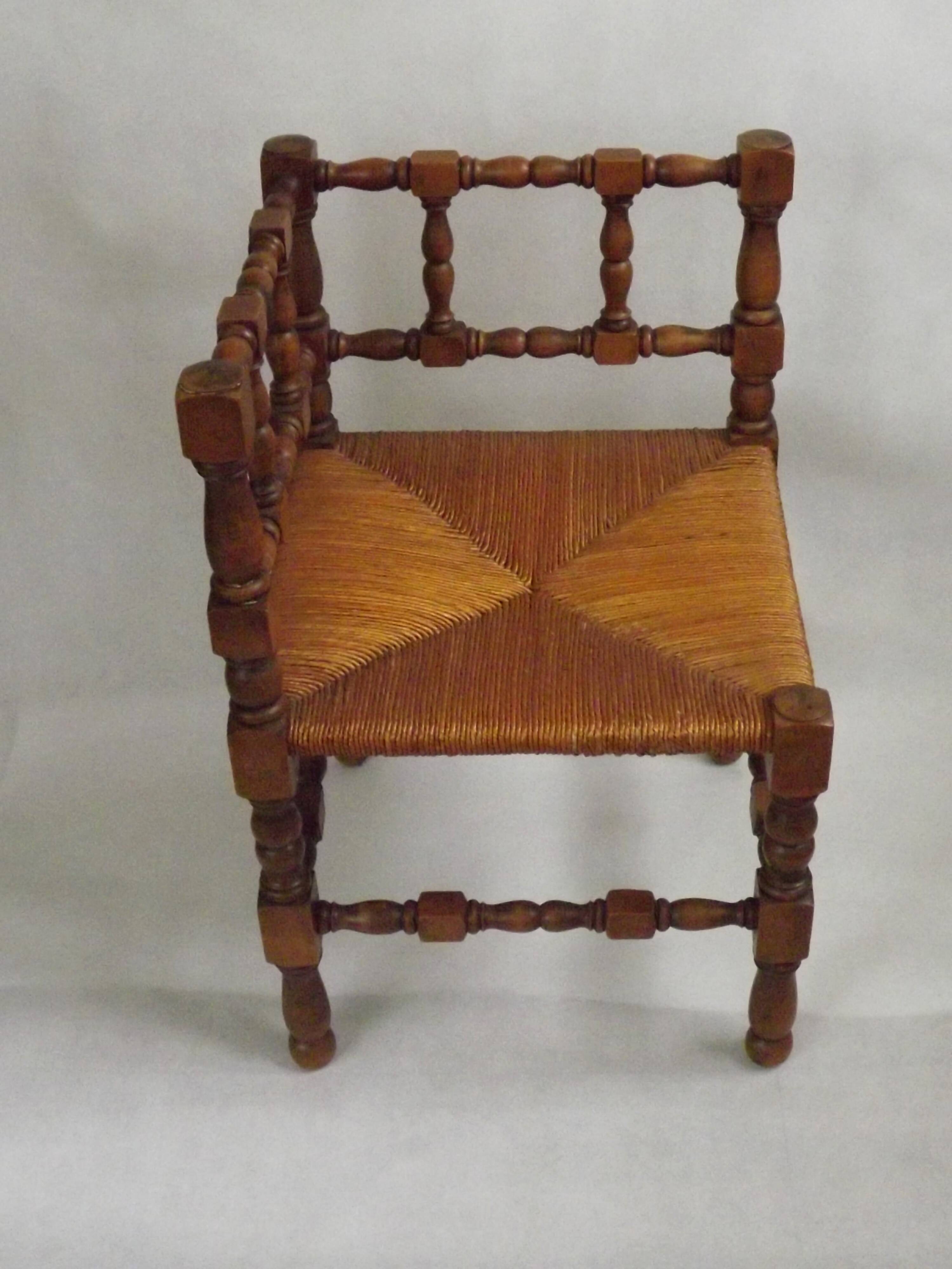 Antique French Turned Wooden Bobbin Chair with Rush Seat