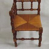 Antique French Turned Wooden Bobbin Chair with Rush Seat