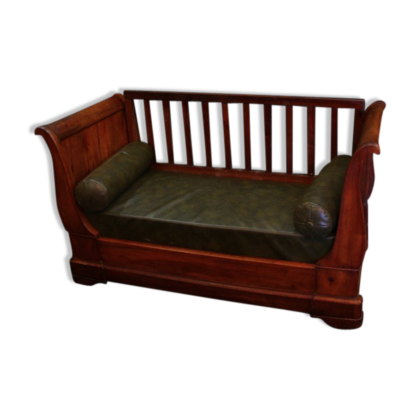 Banquette en noyer et cuir vert du XIXe siècle