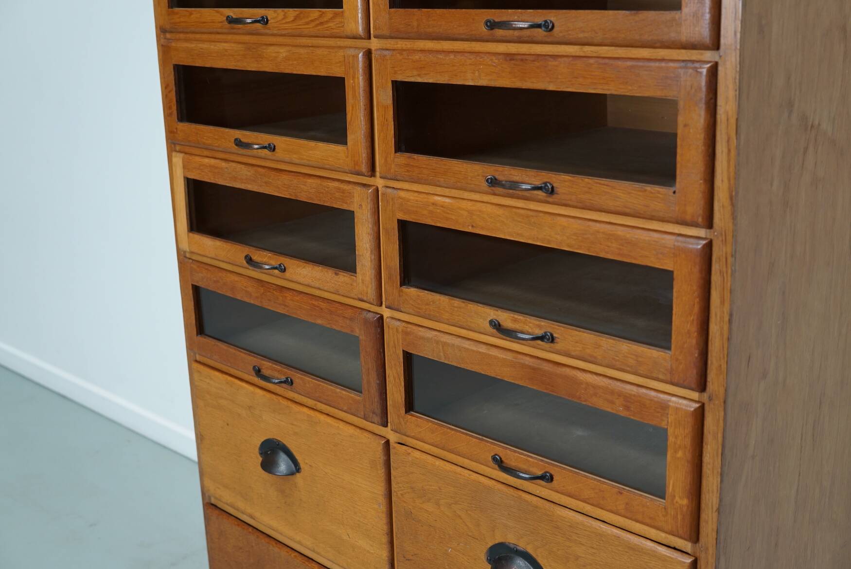 English Haberdashery Shop Cabinet with Glass Fronted Drawers, Circa 1930s