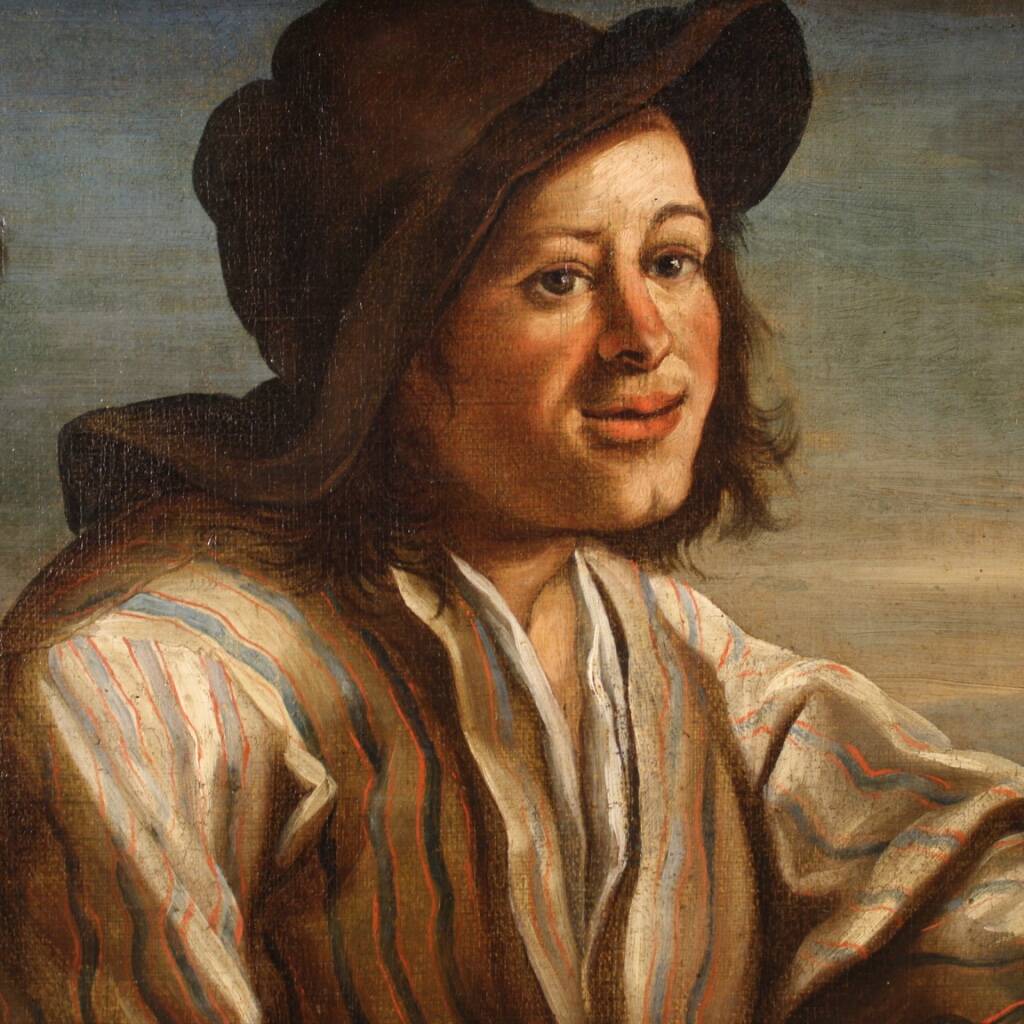 Tableau lombard antique du XVIIe siècle, le berger avec ses chiens